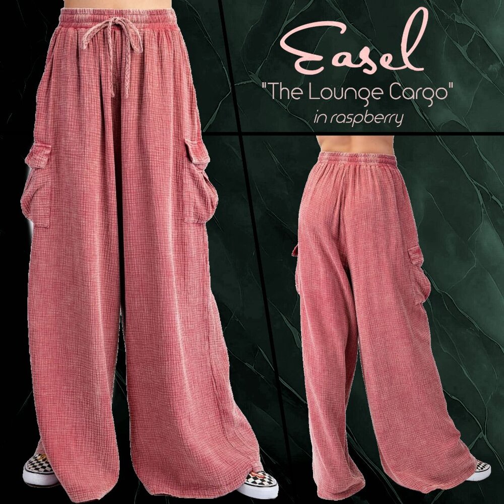 EASEL “The Lounge Cargo” Cotton Mineral Washed Pants Wide Leg Relax Fit Pockets